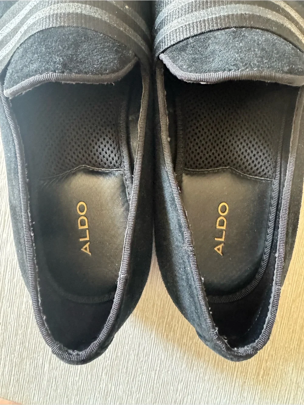 Aldo Black Suede Slip-On Loafers with Striped Band